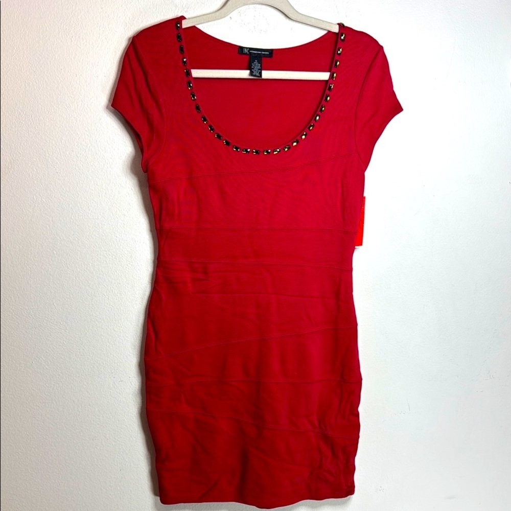 (T6)INC INTERNATIONAL CONCEPTS Women's Sparkly Red Midi Dress with Rhinestones,M